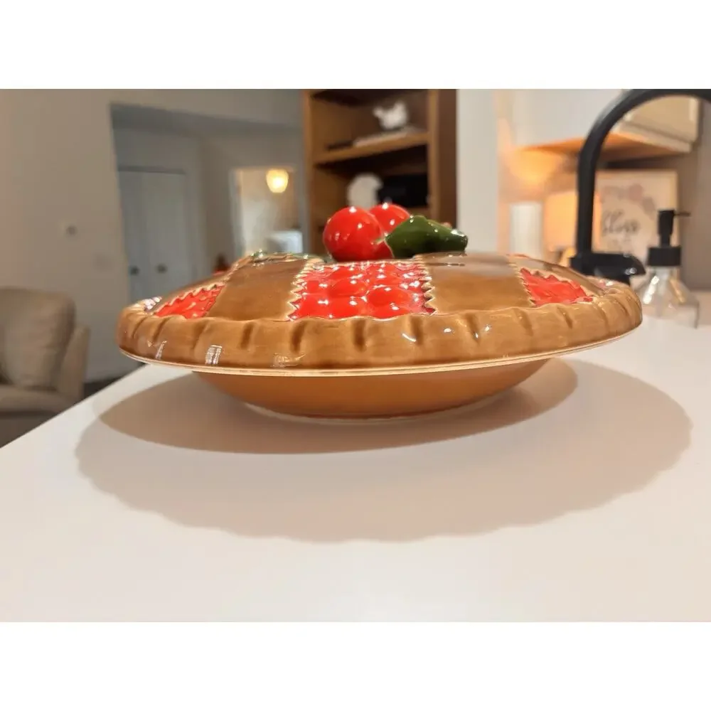 Vintage Ceramic Covered Cherry Pie Lattice Plate and Lid Japan trompe l'oeil 50s